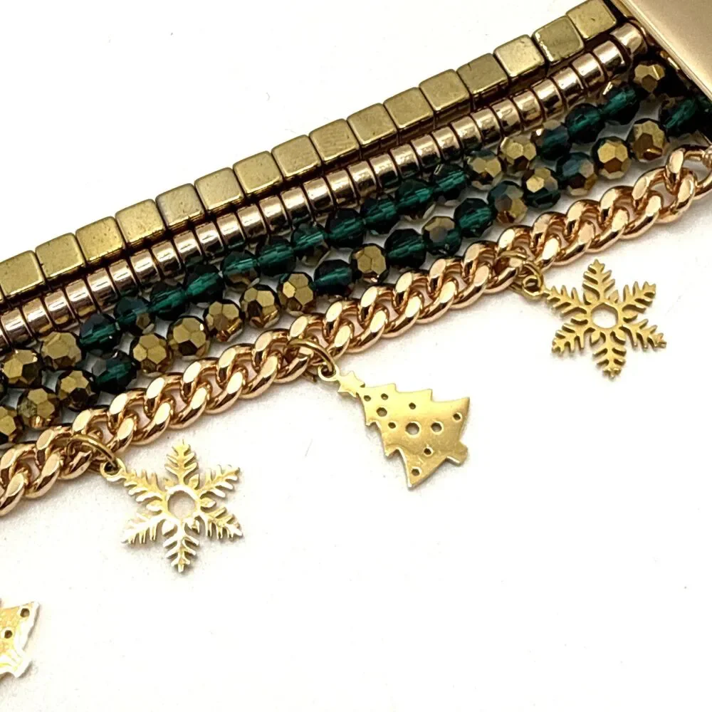 Victoria Emerson Multi Strand Bracelet Green Bead Christmas Tree Star Charms 7.5